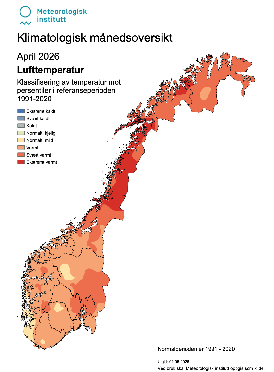 Kart over Norge som viser lufttemperaturen for april i år.