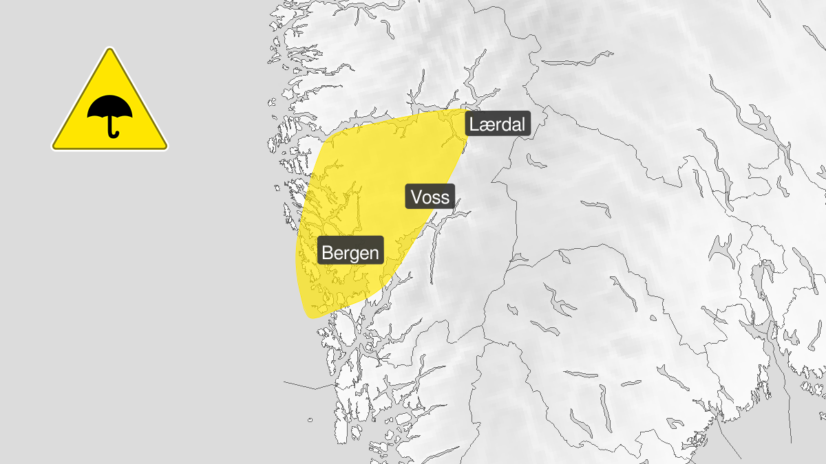Området som det varsles mye regn i natt til torsdag. Området omfatter Bergen, Voss og Lærdal.