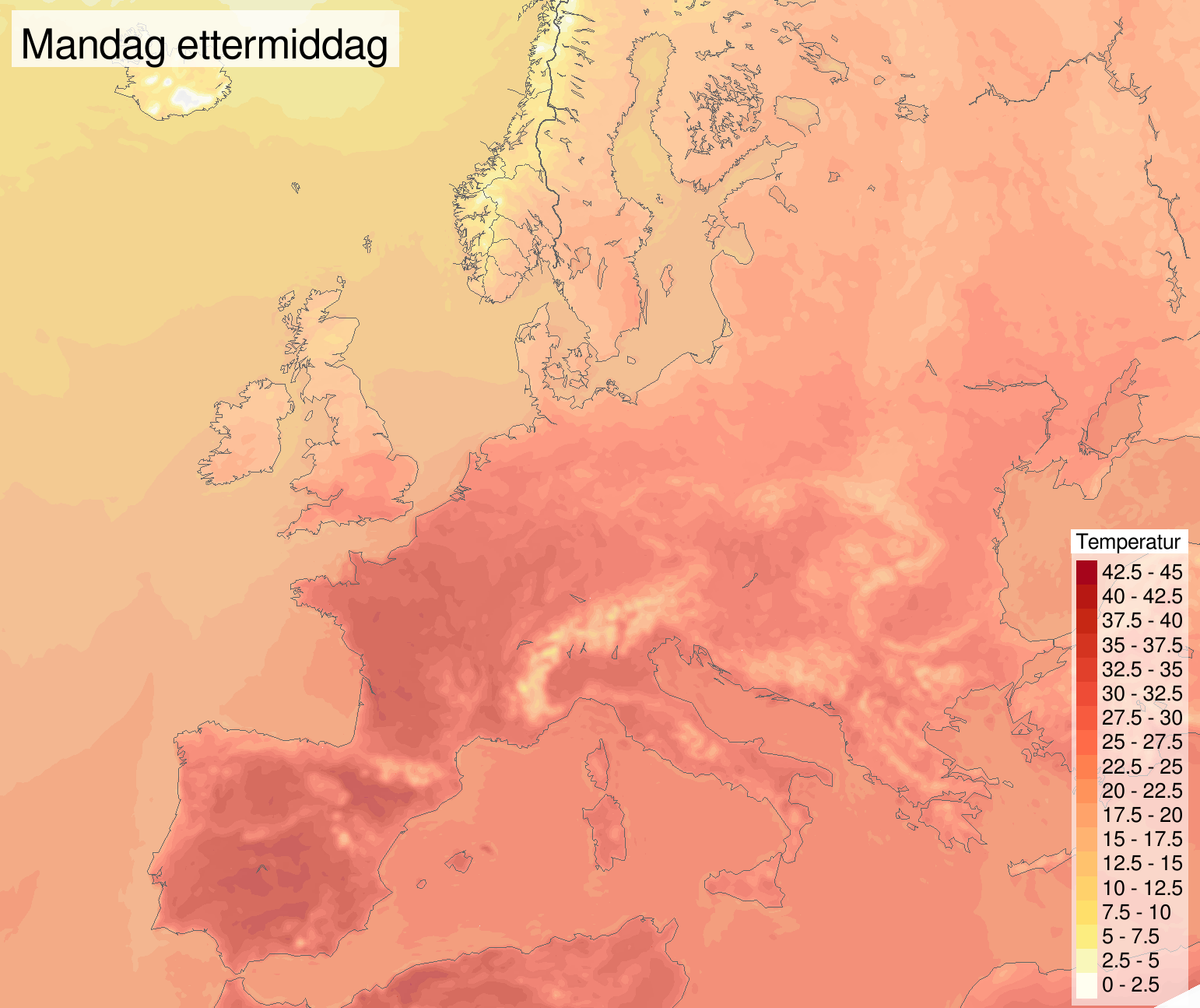 Temperatur i Europa mandag