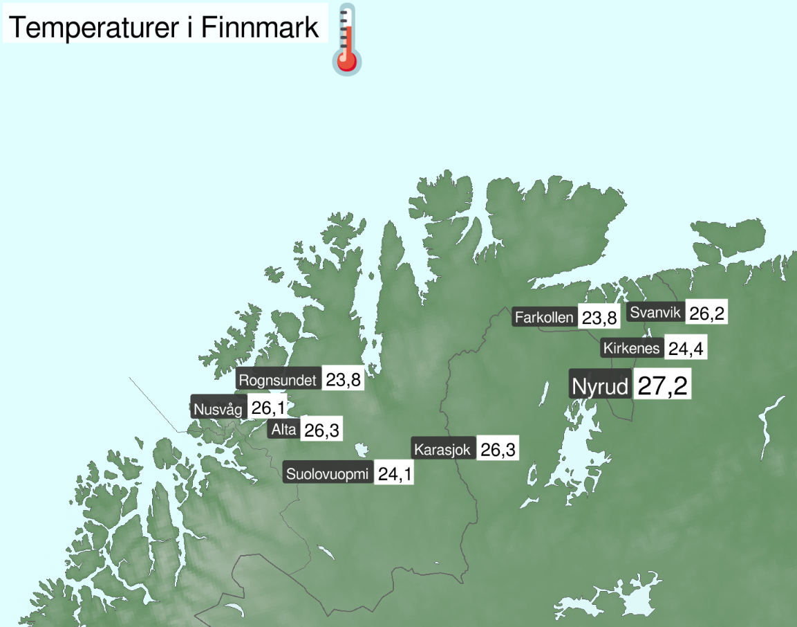 Kartet viser at Finnmark har 8 steder med 23 grader eller mer.