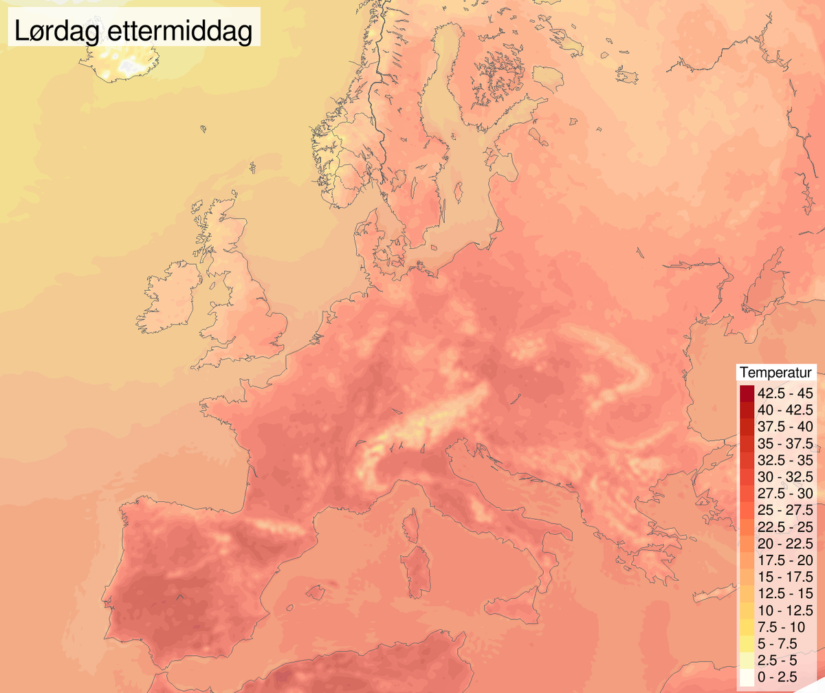 Temperatur i Europa lørdag