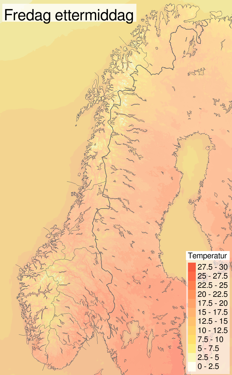 Temperatur fredag: 25-27,5 grader på Austlandet