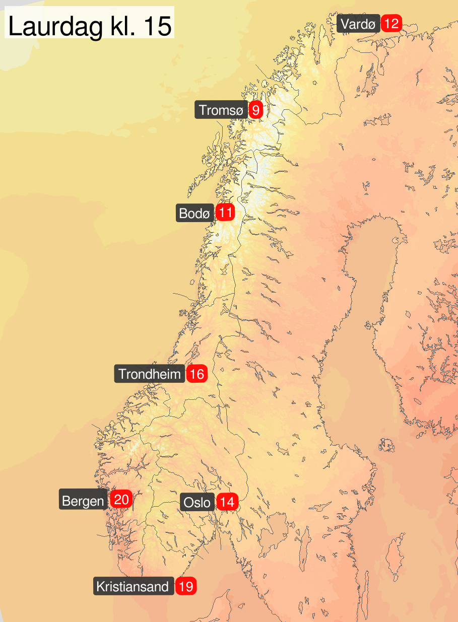 Kart over Norge som viser varslet temperatur lørdag ettermiddag.