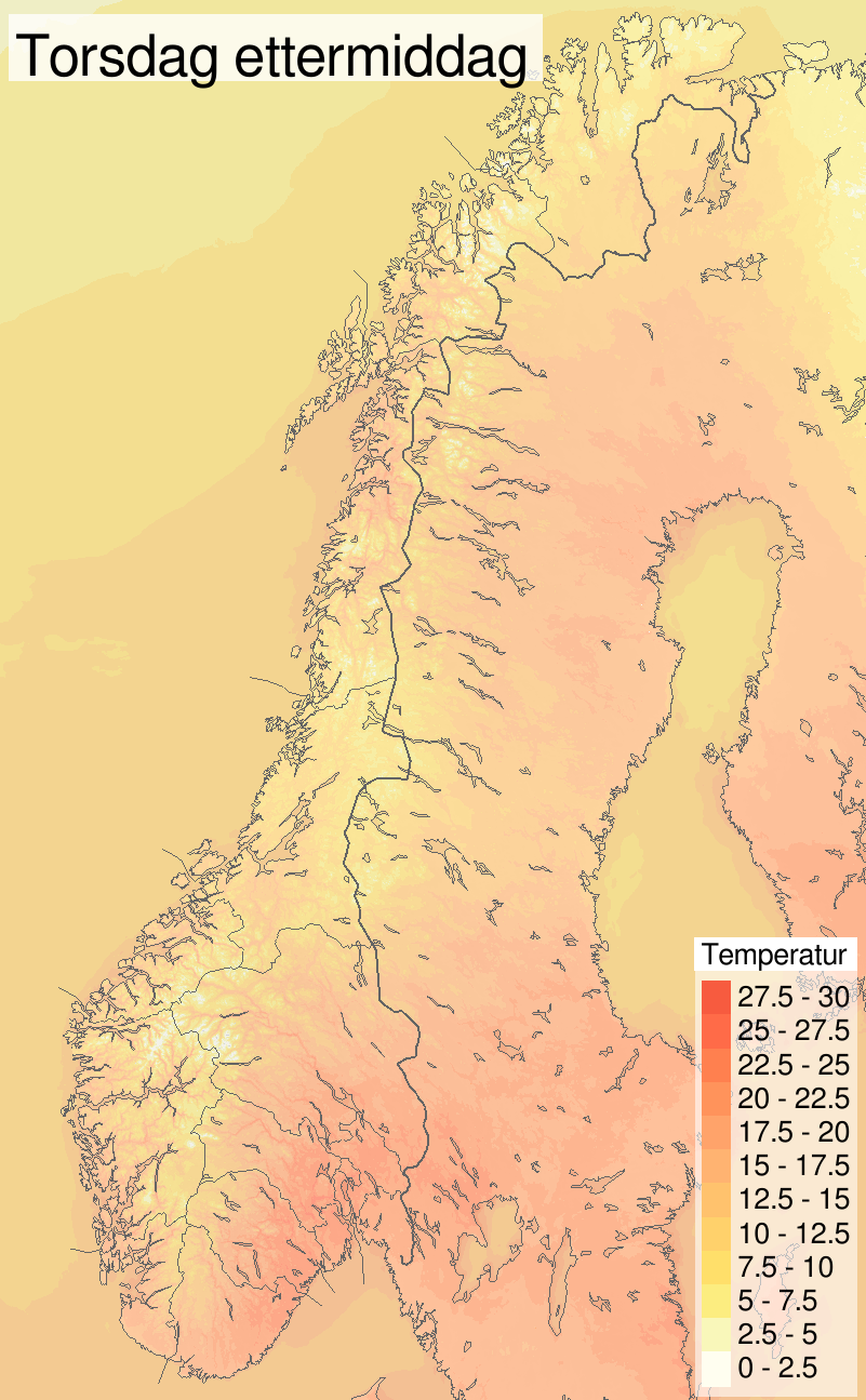 Temperatur torsdag: 25-27,5 grader på Austlandet
