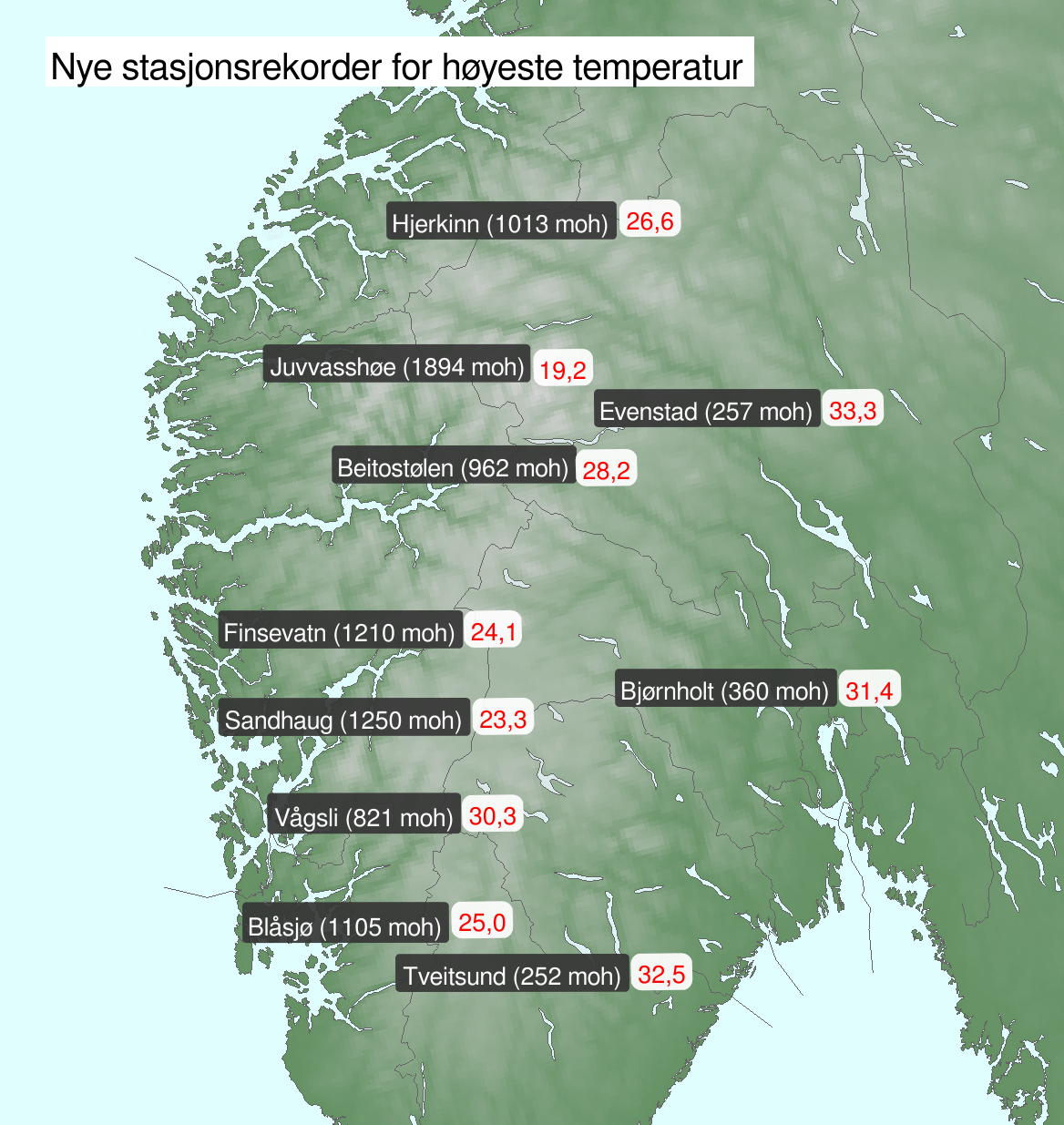 Kart over Sør-Norge som viser varmerekorder på utvalgte stasjoner.
