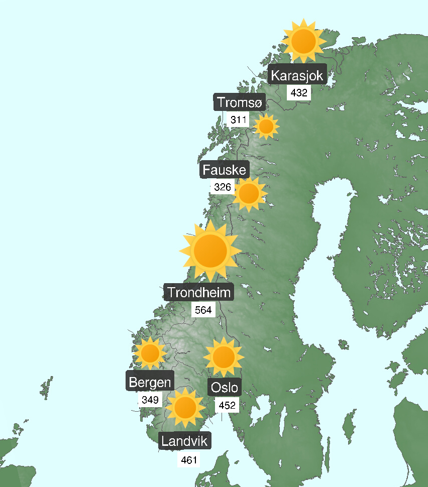 Kart over Norge som viser soltimer så langt i år for utvalgte steder.