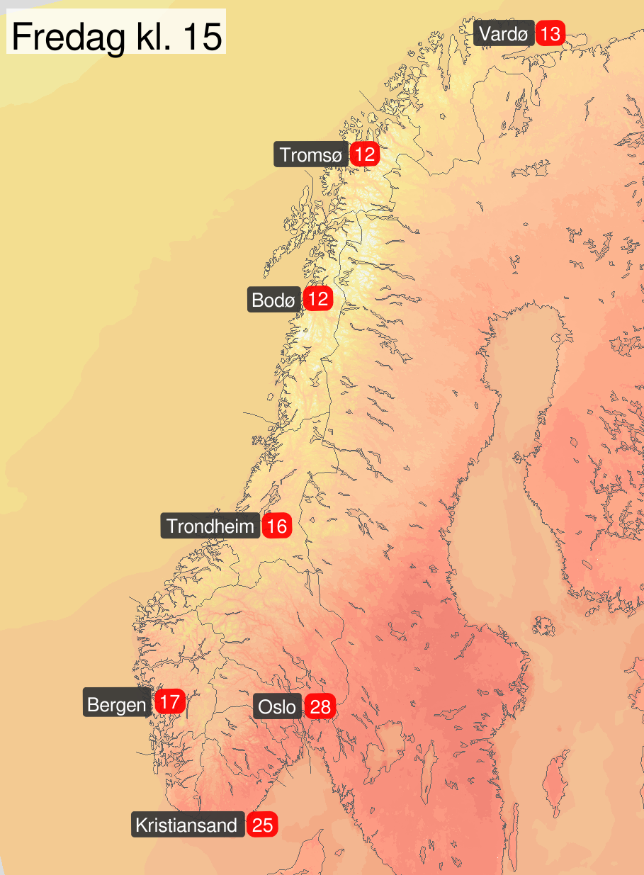 Kart over Norge som viser varslet temperatur fredag ettermiddag.