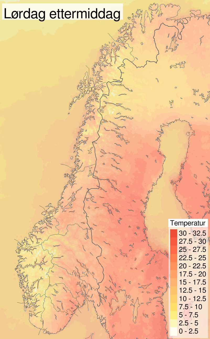 Temperatur lørdag: 25-27,5 grader på Austlandet