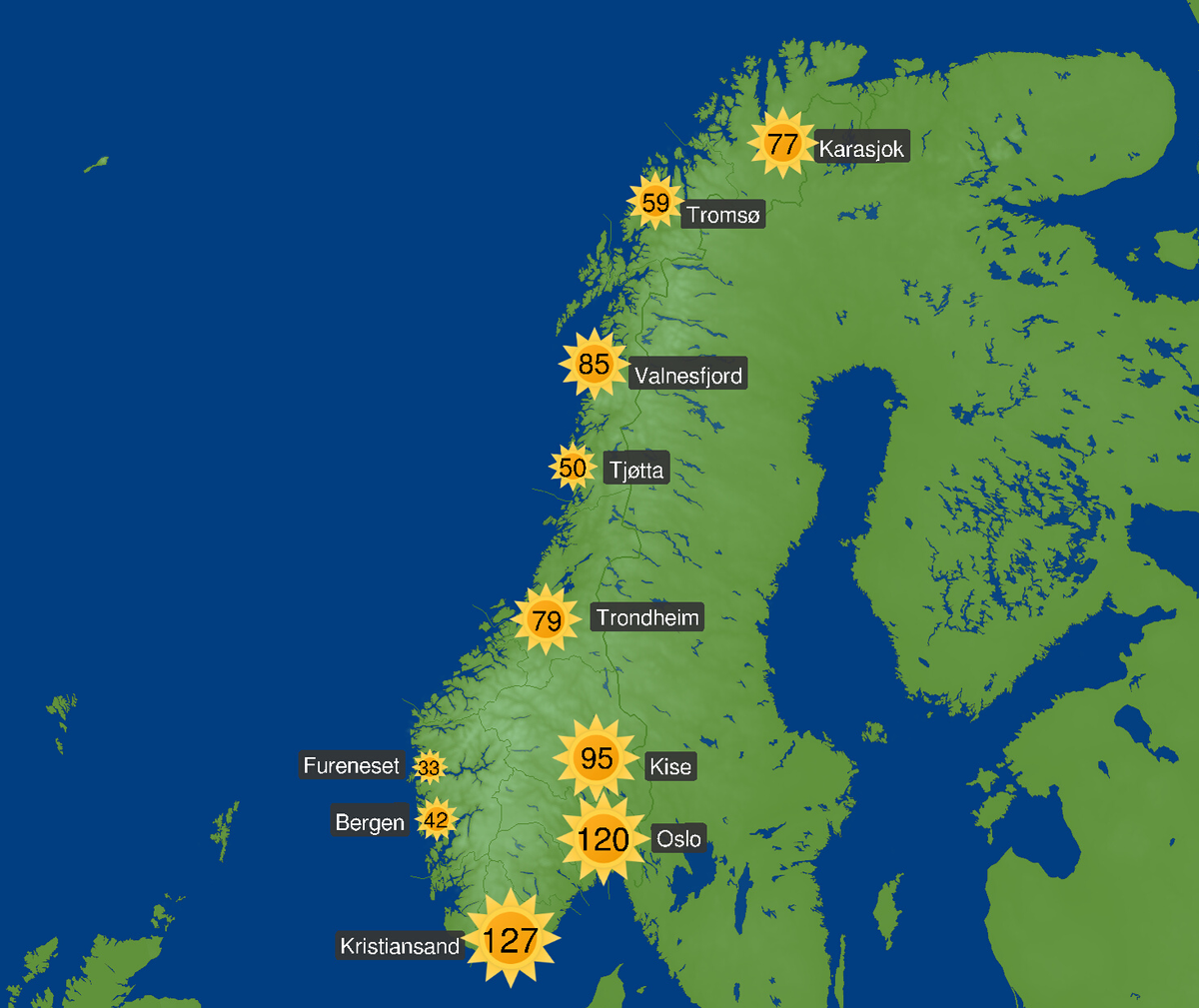 Kart som viser soltimer i Norge så langt i september