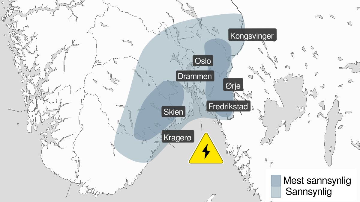 Farevarselkart over sannsynligheten for mye lyn på østlandet