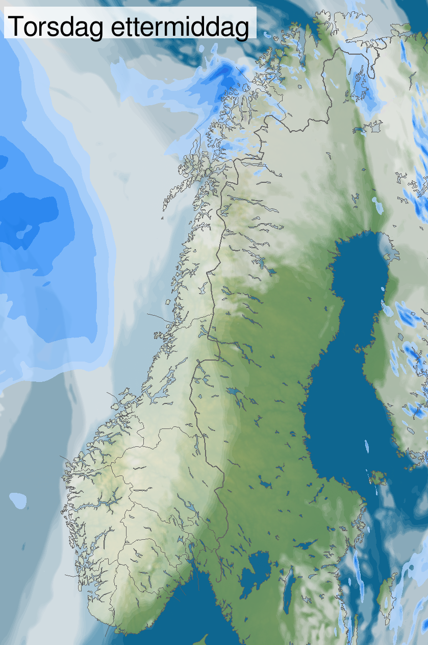 Kartet viser skyer og regn torsdag