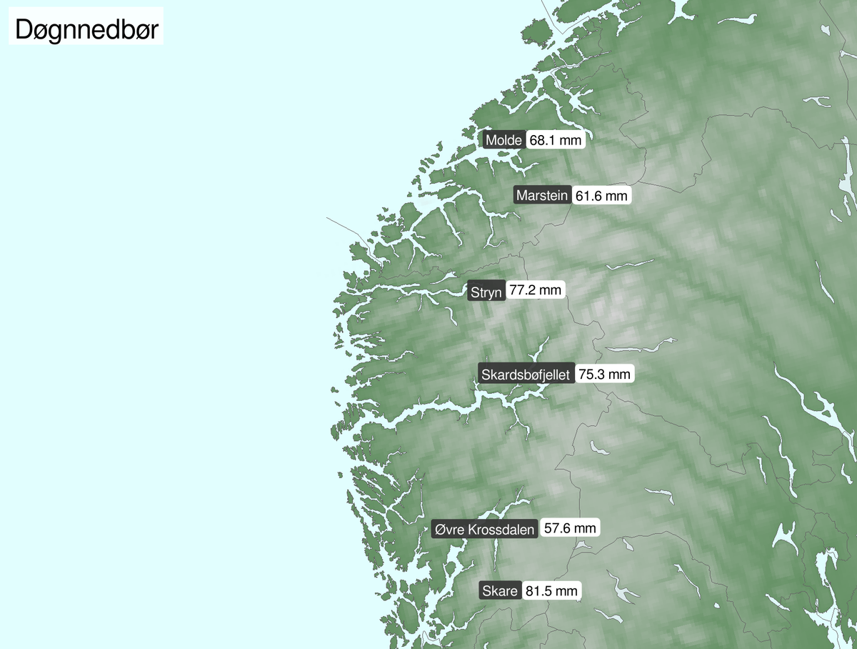 Bildet viser de høyeste verdiene for døgnnedbør i Vestland og Møre og Romsdal